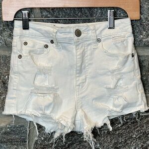 Aeropostale 2” High Rise Shorty White Denim Shorts, distressed, size 0